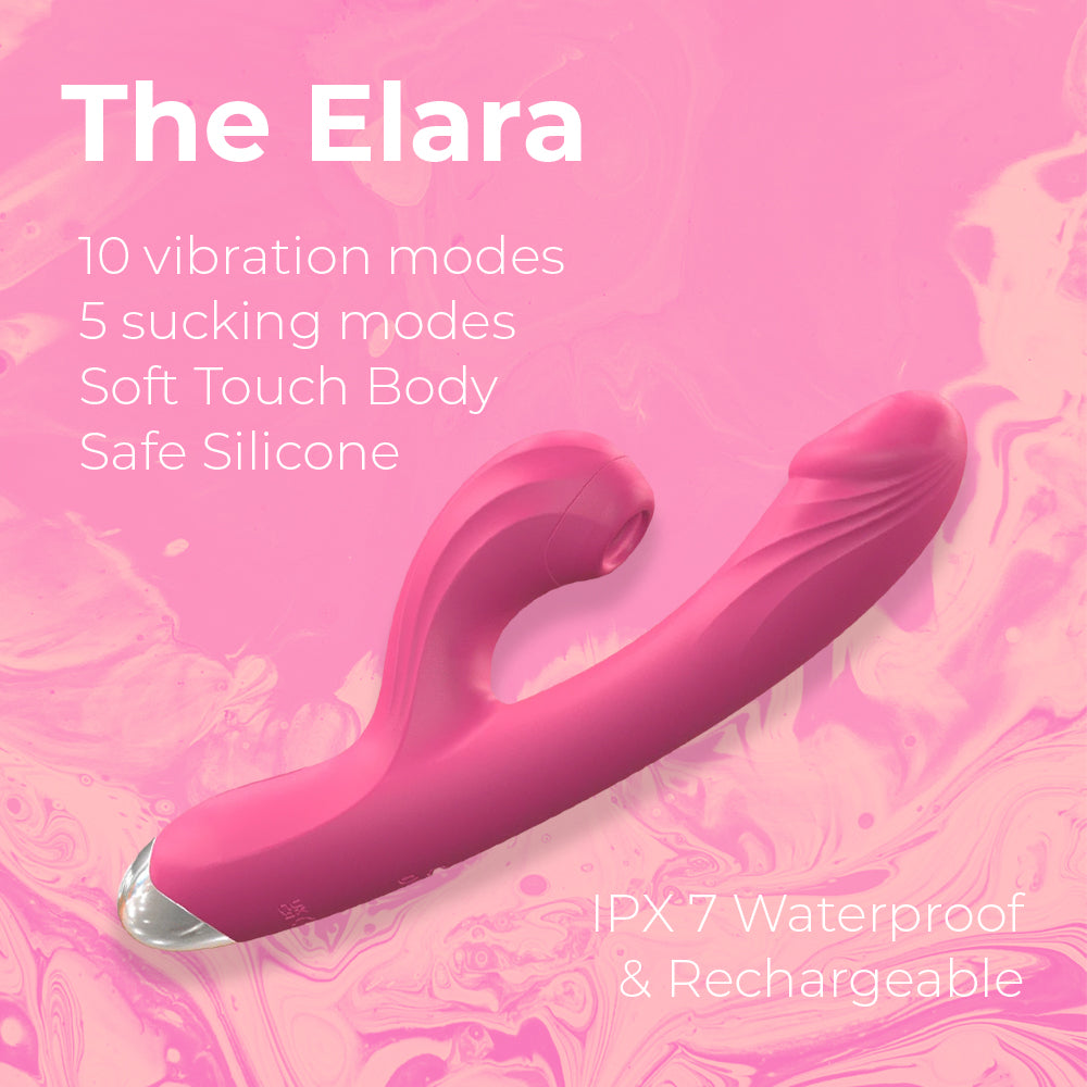 Elara Clitoris Sucking Slim Vibrator - Soft touch Silicone, 10 Vibration patterns, 5 sucking modes, waterproof & USB rechargeable in colour pink