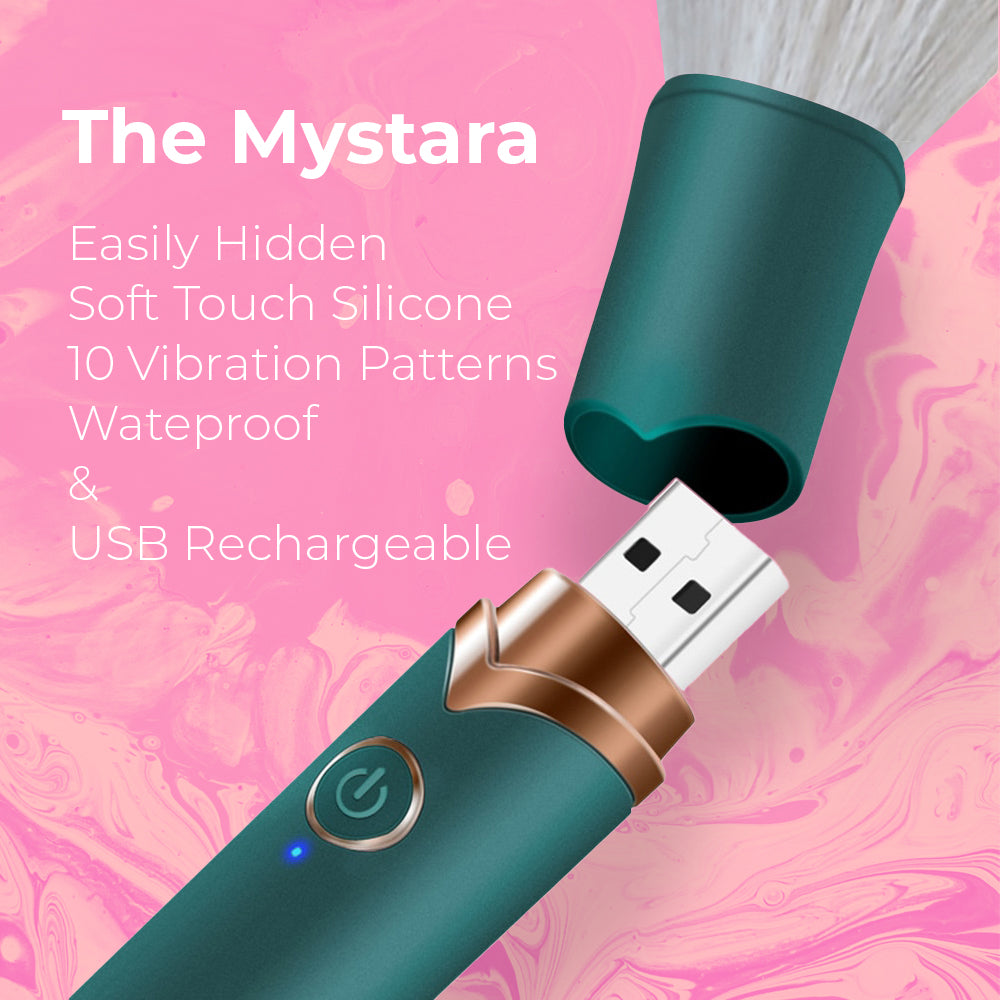 The Mystara secret make-up brush vibrator - Soft touch Silicone, 10 Vibration patterns, waterproof & USB rechargeable in colour green