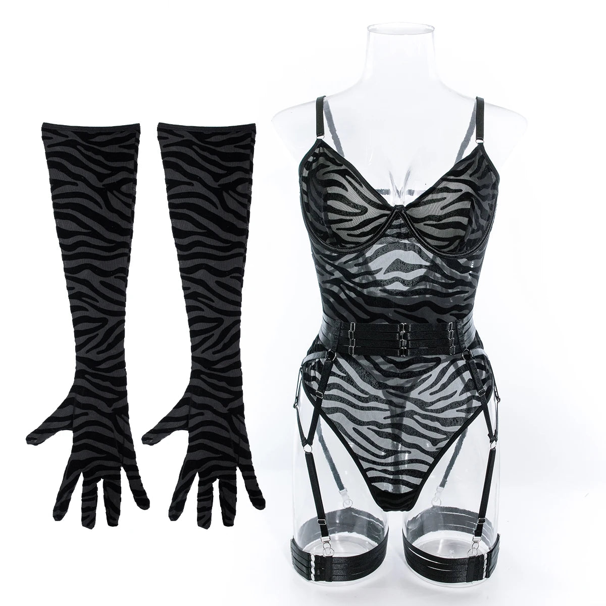 The Esme lingerie bodysuit in Zebra Noir, front view on mannequin.