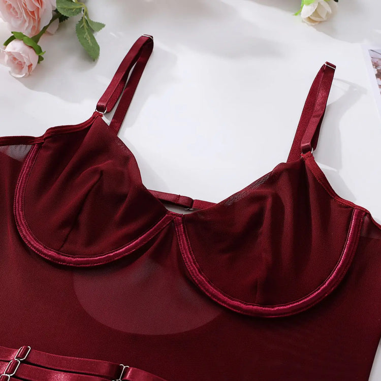 Bra of The Esme bodysuit, highlighting mesh and harness detail.