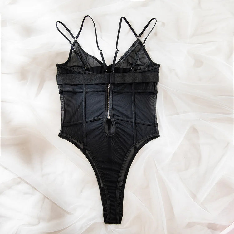 Rear view of The Arabella bodysuit highlighting the zipper closure and mesh thong back.
