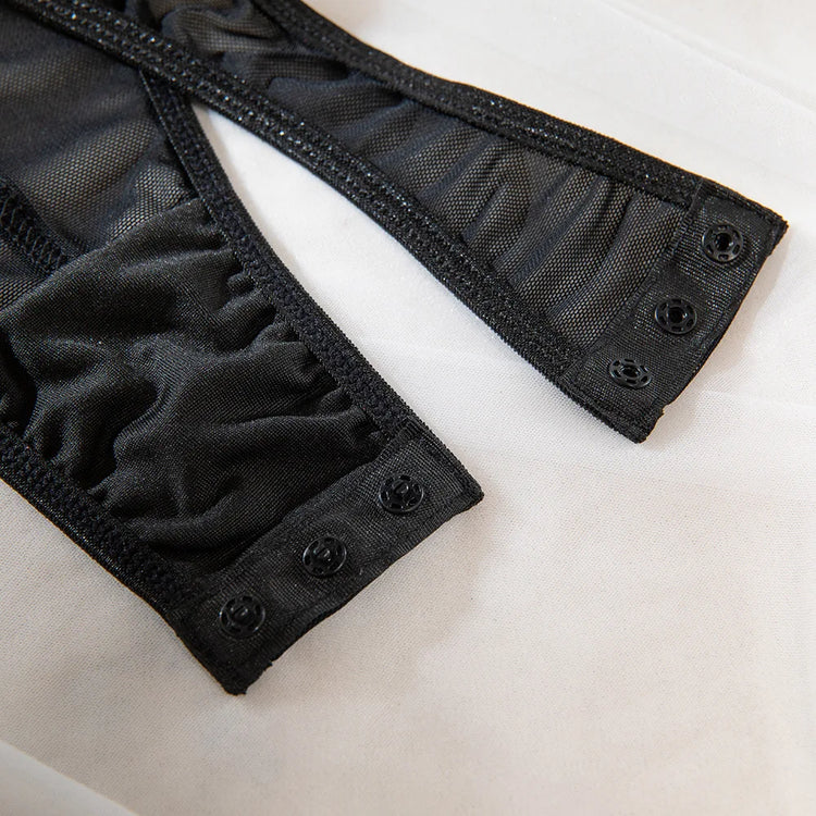 Lower view of The Arabella bodysuit highlighting the thong popping enclosures