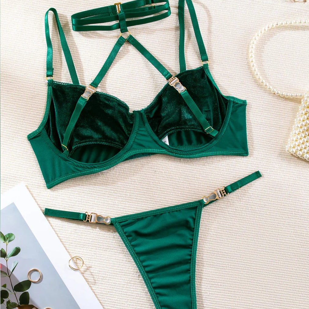 Product shot showing velvet cutouts on The Ravena luxury lingerie set in Emerald