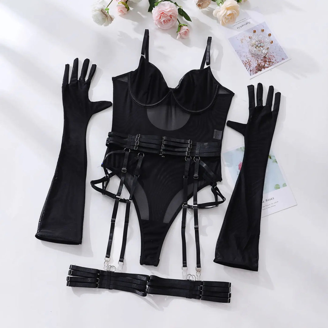Flat lay of The Esme sexy bodysuit underwear set in Black