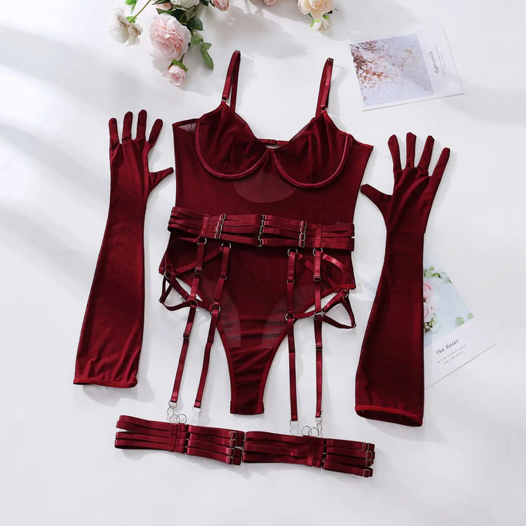  Flat lay of The Esme sexy bodysuit underwear set in Bordeaux Red.