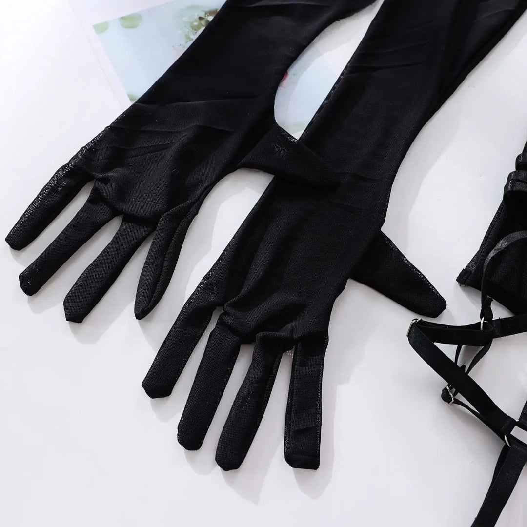  Matching sheer gloves and garter straps from The Esme set in black.
