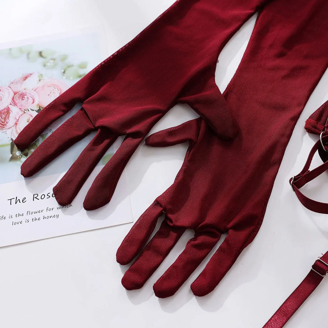 Matching sheer gloves from The Esme set in red.