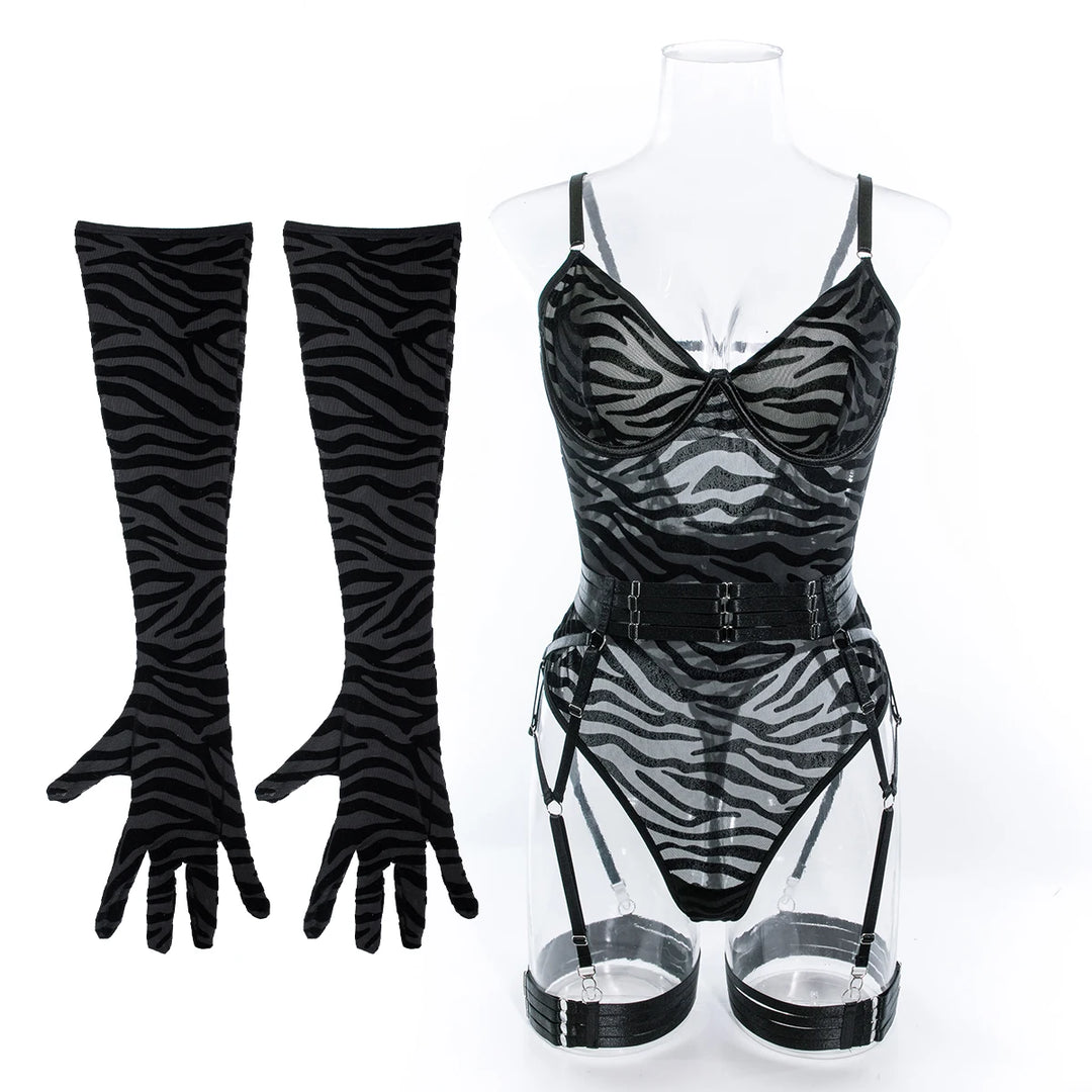 The Esme lingerie bodysuit in Zebra Noir, front view on mannequin.