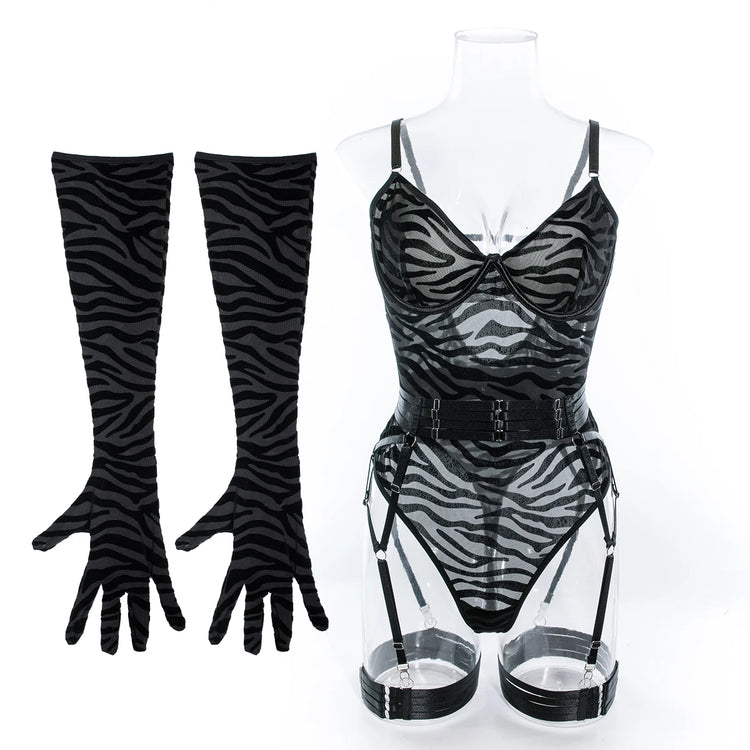 The Esme lingerie bodysuit in Zebra Noir, front view on mannequin.
