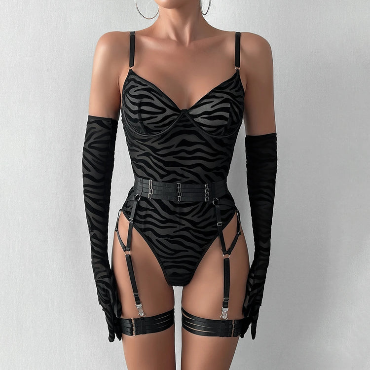  Model in The Esme sheer lingerie bodysuit, front view with gloves and garter straps.