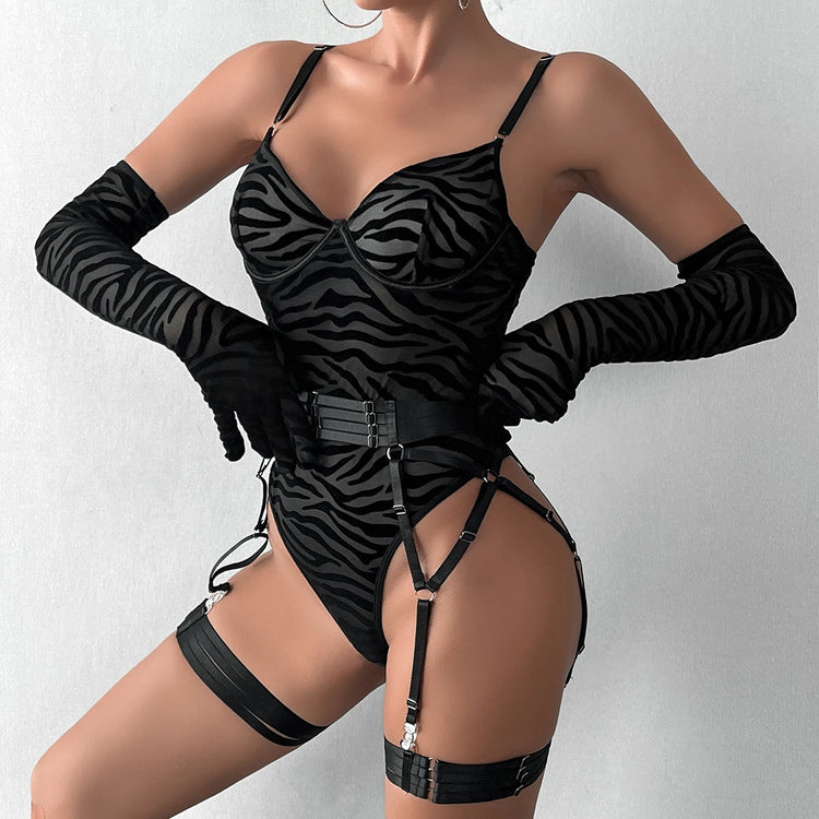Side profile of model wearing The Esme sexy bodysuit underwear in Bordeaux Red.