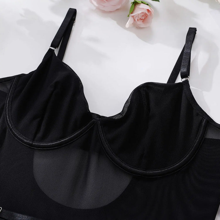  Close up of the bra detail on the Esme in black.
