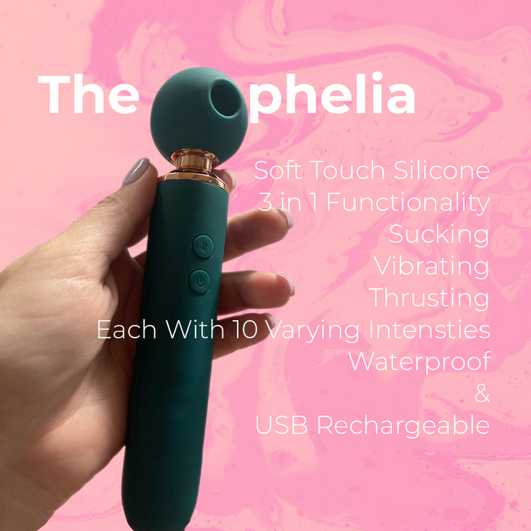 Ophelia Clitoris Sucking Thrusting Vibrator- 3 in 1 Sex Toy - Soft touch Silicone, 10 Vibration patterns, 10 suction patterns, 10 thrusting patterns - waterproof & USB rechargeable in colour green