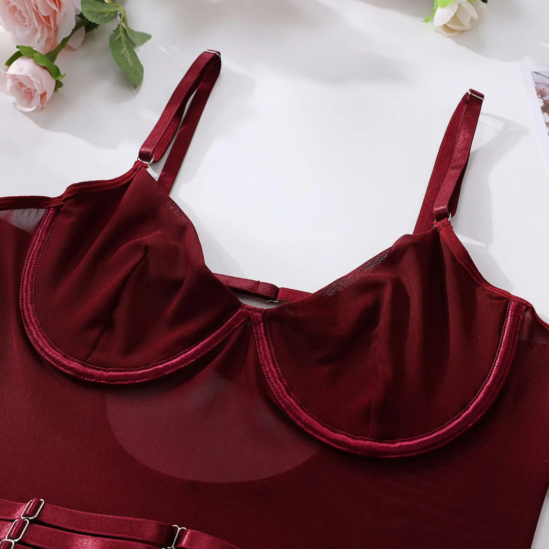 Bra of The Esme bodysuit, highlighting mesh and harness detail.